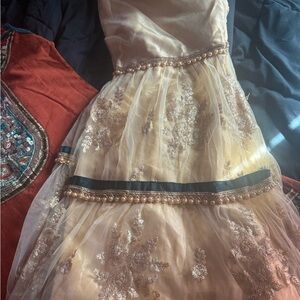 Elegant Cream and Gold Embroidered shrara net material